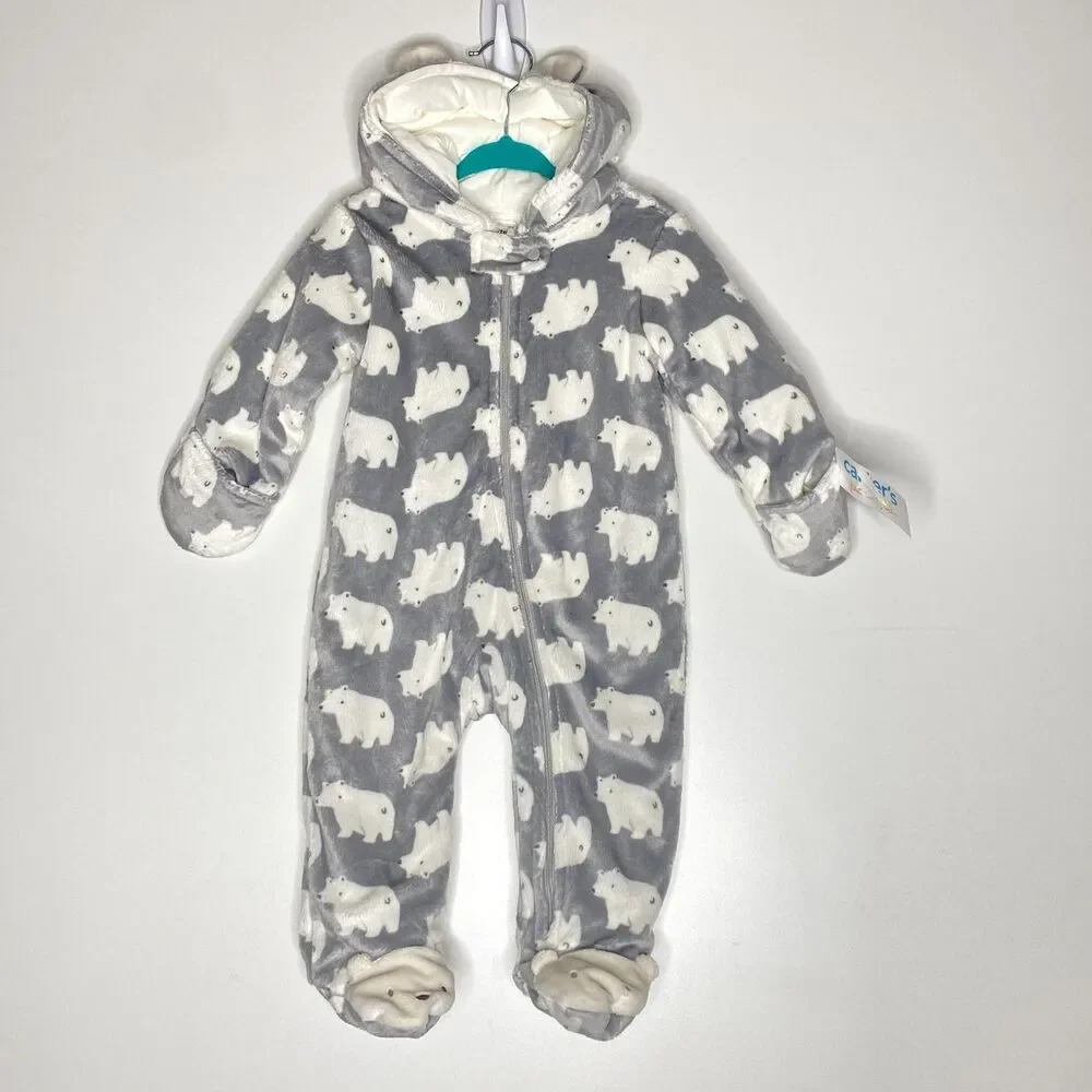 New Carter's Polar Bear Hooded Gray Winter One Piece Suit Baby Size 9 Months